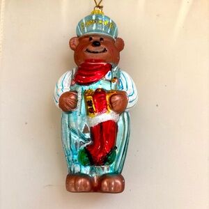 Teddy Bear Glass Christmas Tree Ornament Blue Overalls & Hat 6.5" Railroad